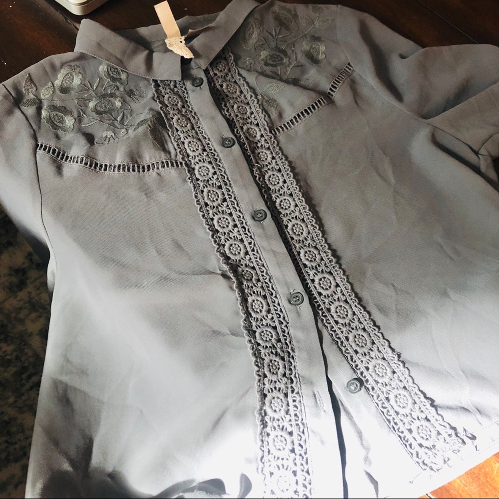 Grey Sheer Embroidered Button Down